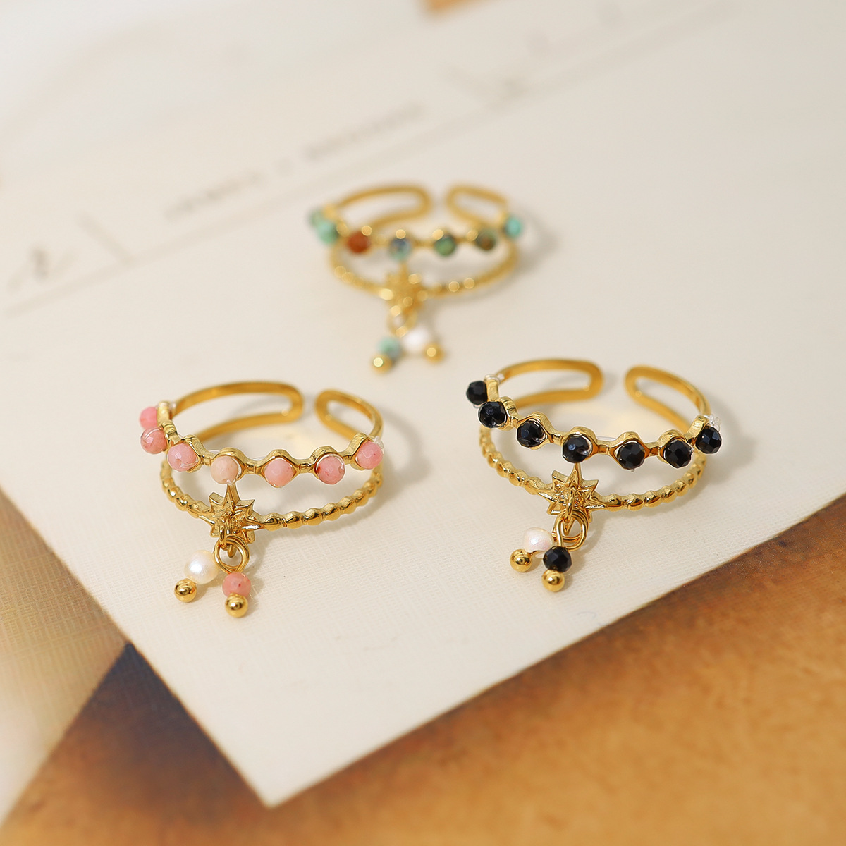 Color Natural Stone 18K Gold Plated Girl Feeling Tassel Pendant Ring