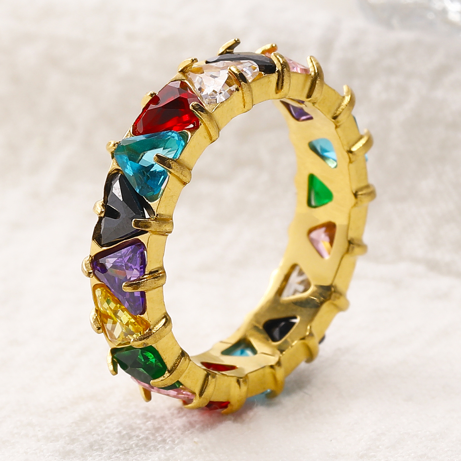 Multicolor Triangle Diamond Inlaid Stainless Steel Ring 
