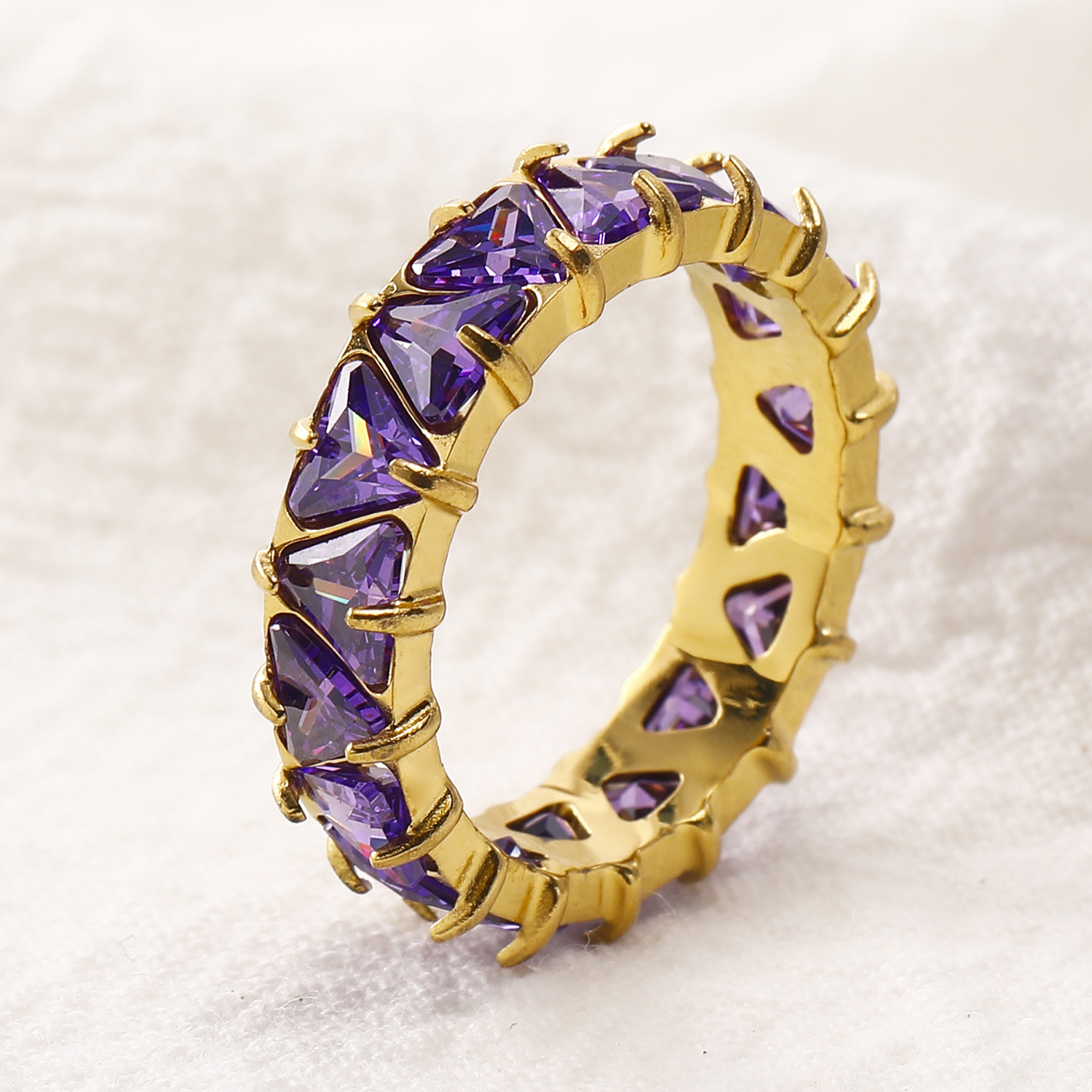 Purple Triangle Diamond Inlaid Stainless Steel Ring 