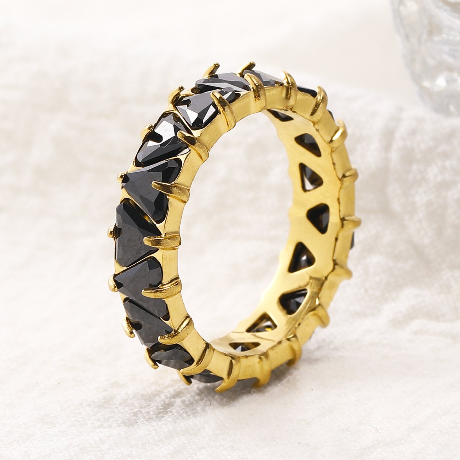 Black Triangle Diamond Inlaid Stainless Steel Ring 