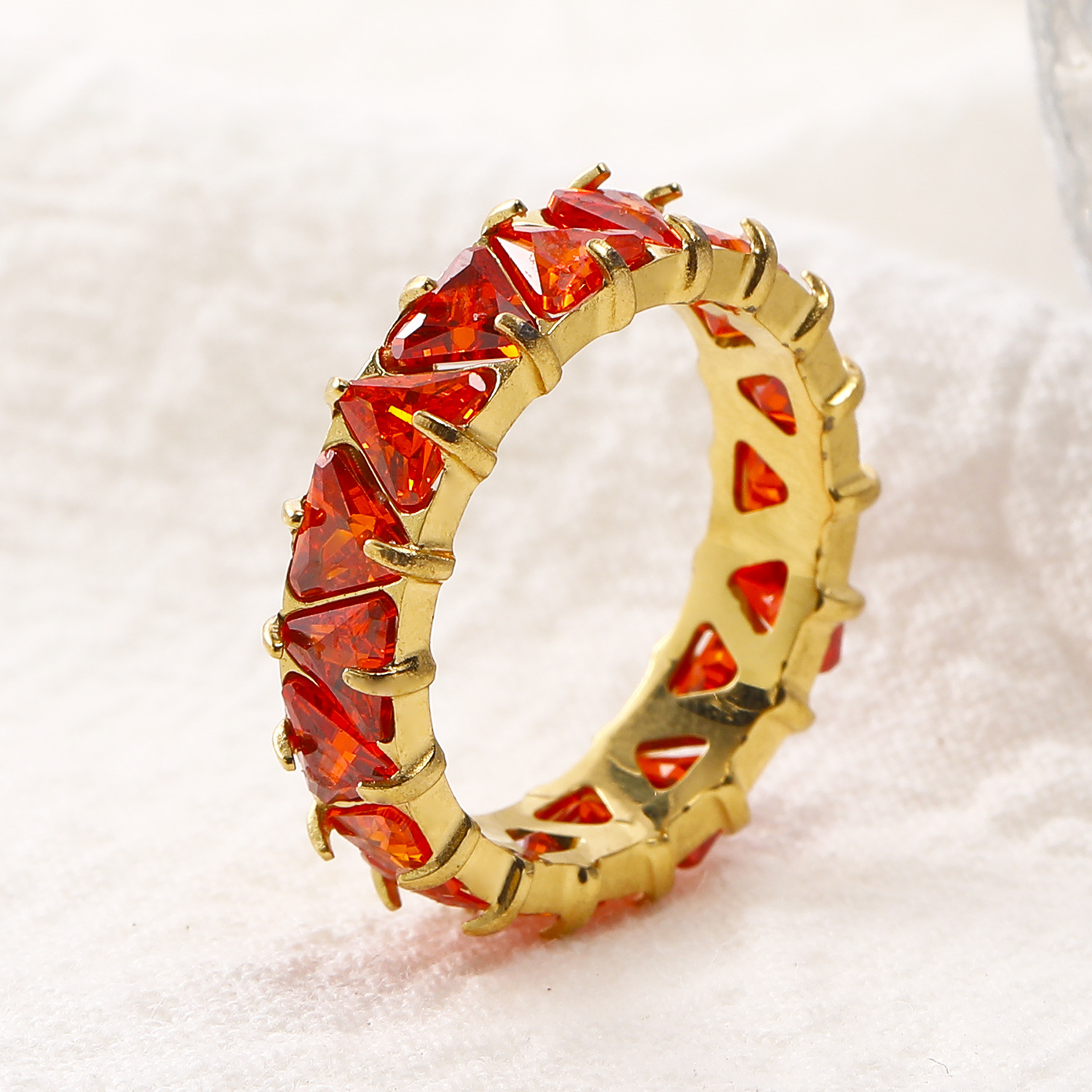 Orange Triangle Diamond Inlaid Stainless Steel Ring 