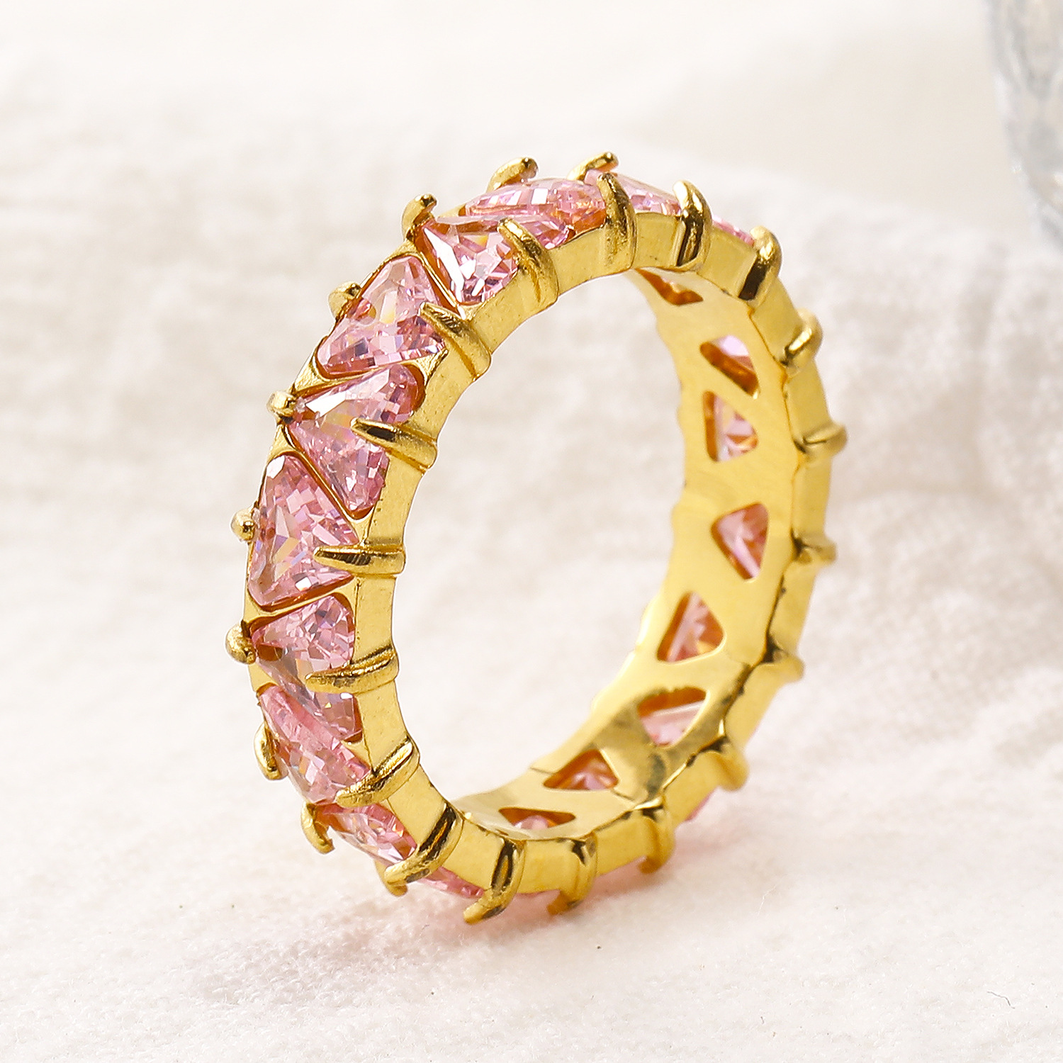 Pink Triangle Diamond Inlaid Stainless Steel Ring 