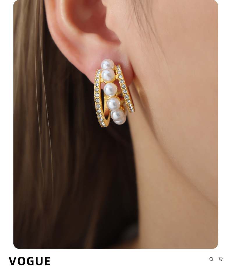 Gold Plated Pearl C-shaped Titanium Steel Earrings