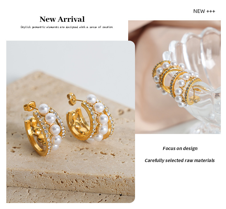 C-shaped Titanium Steel Gold Plated Pearl Earrings