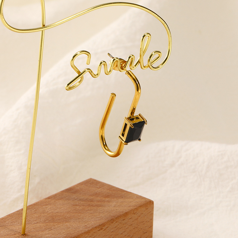 Black Zircon Inlaid 18K Gold Titanium Steel Earrings