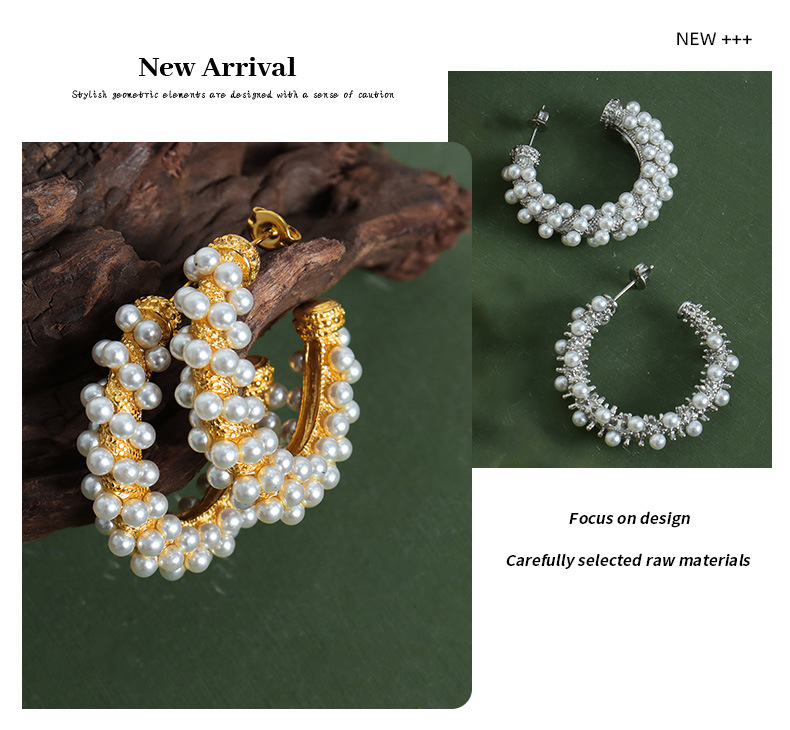 Highlighter Shell Beads Inlaid C-shaped Titanium Steel Earrings
