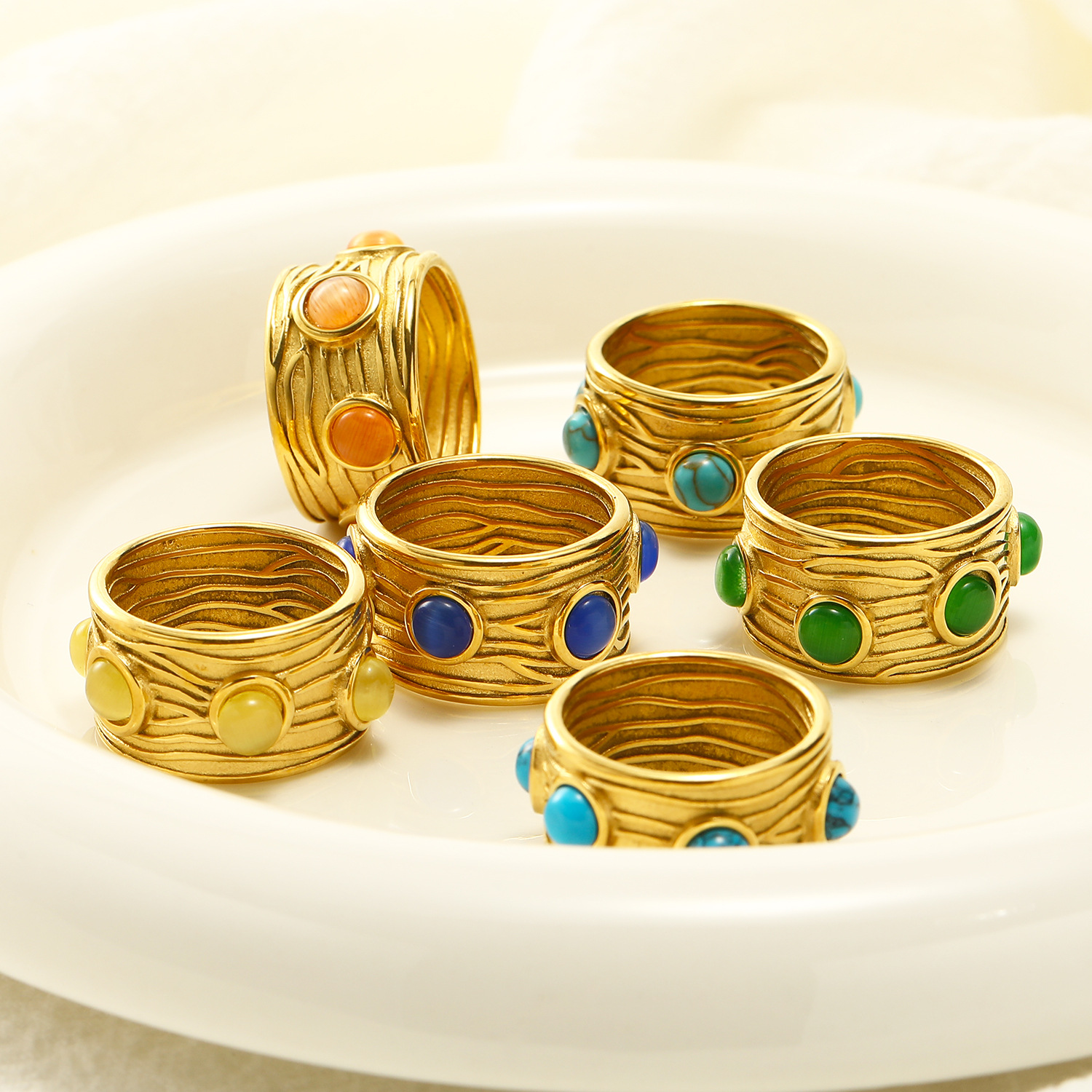  Lines Inlay Gemstone Stainless Steel Ring