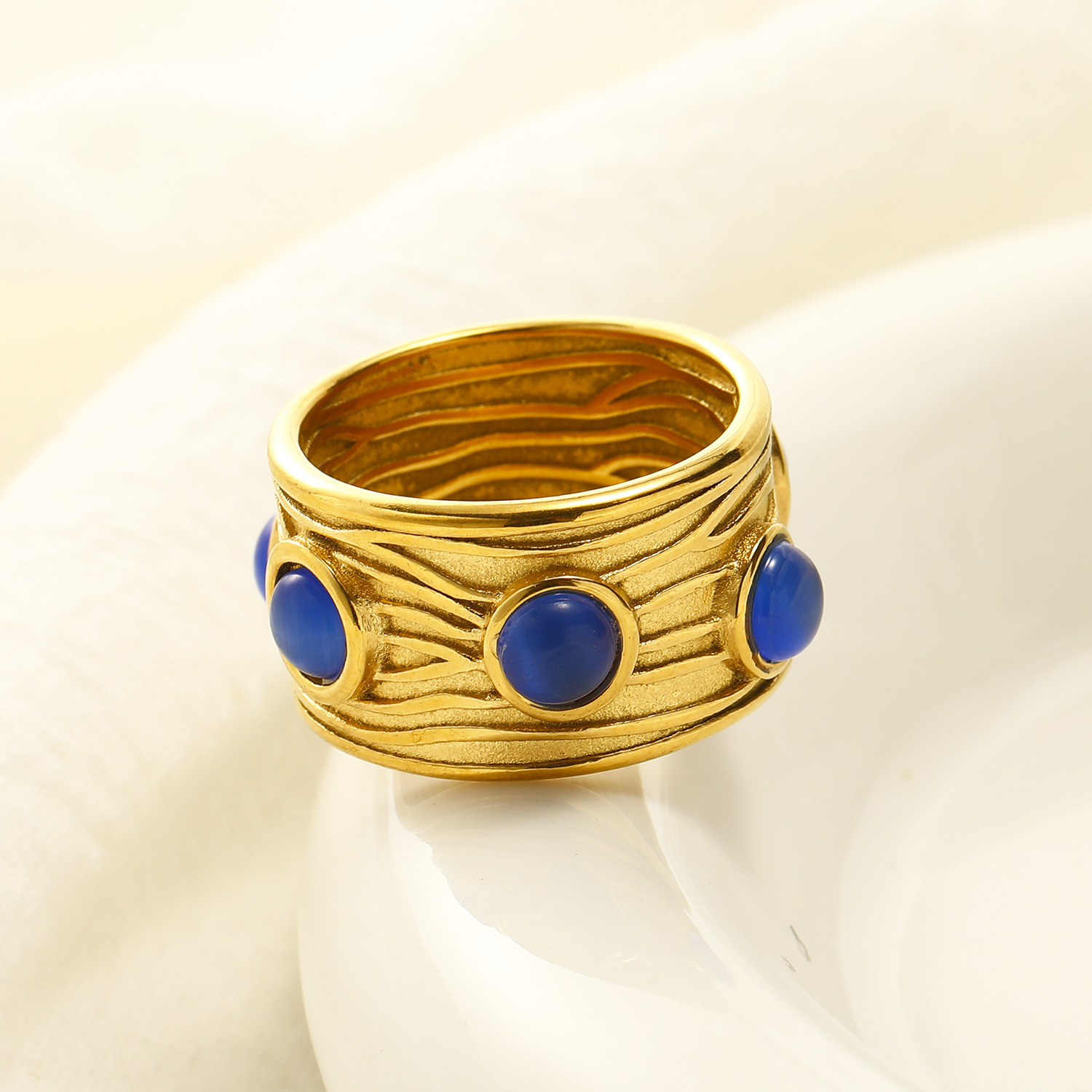 Blue Gemstone Inlaid Stainless Steel Ring