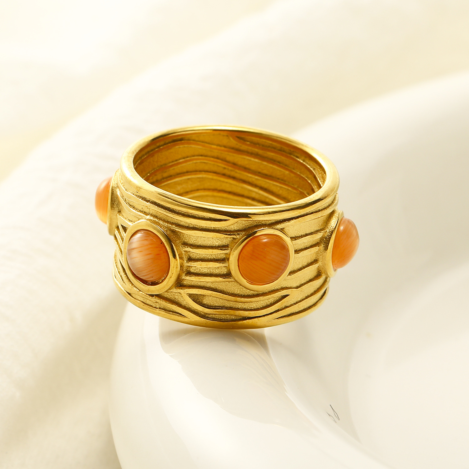 Orange Gemstone Inlaid Stainless Steel Ring