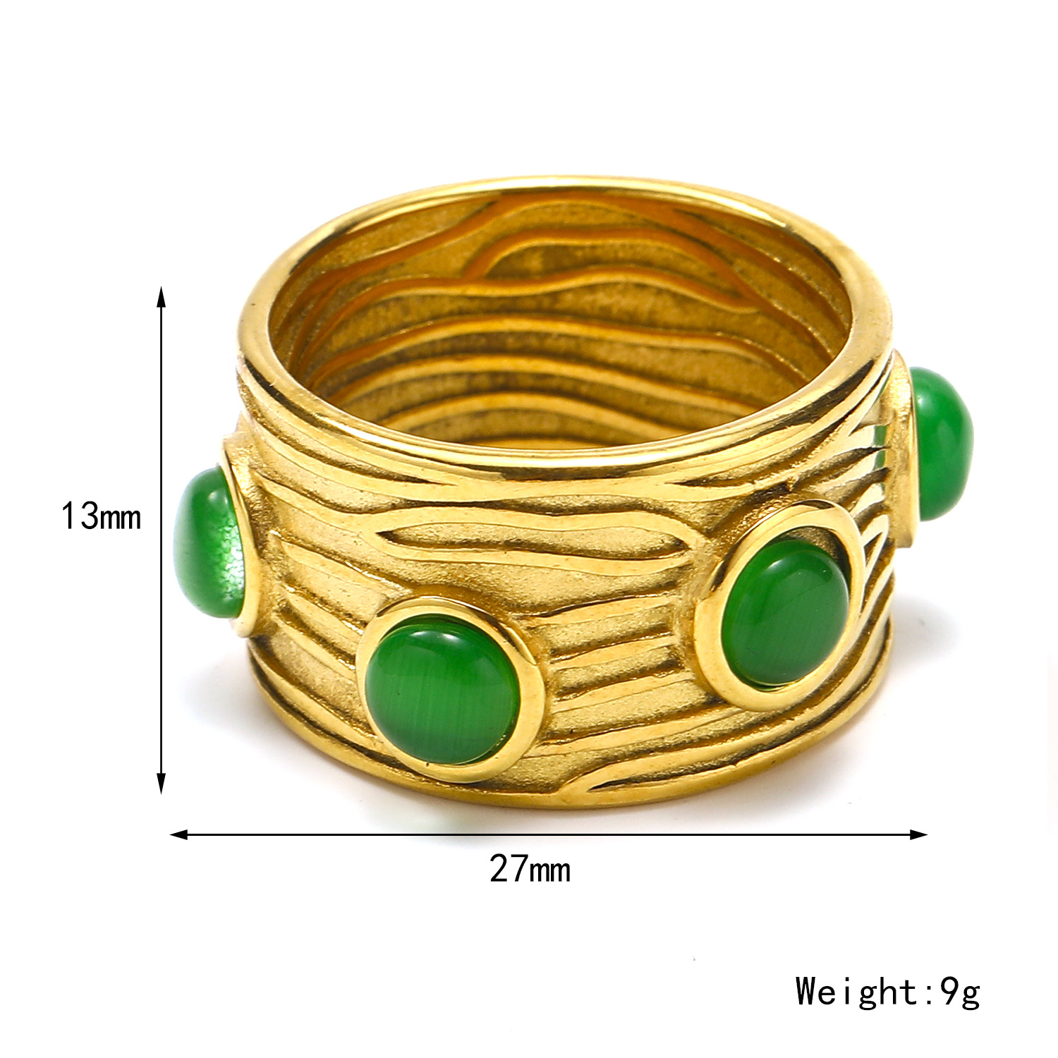 Green Gemstone Inlaid Stainless Steel Ring