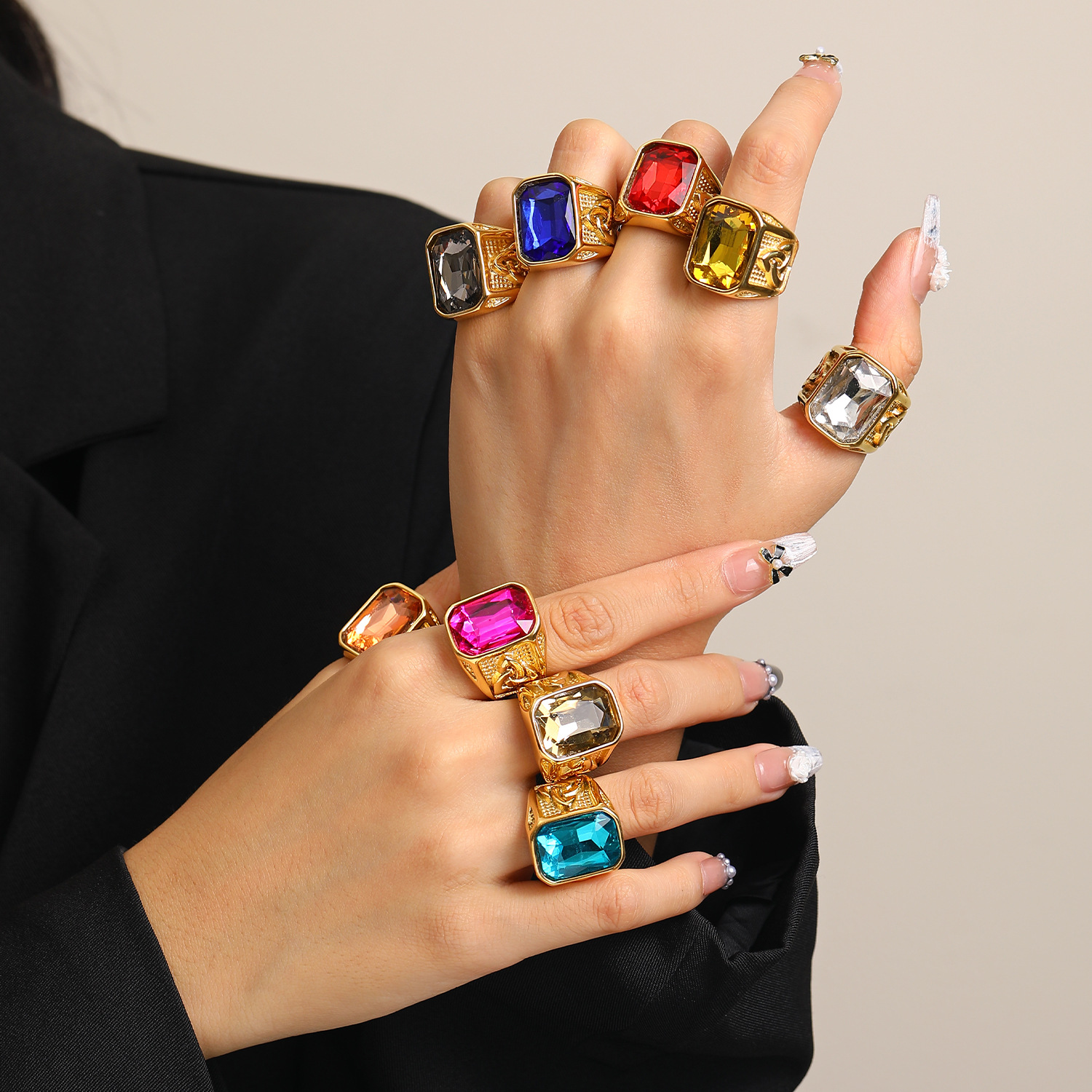 Multi-color Gems Stainless Steel Ring