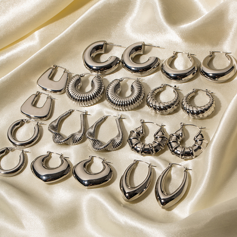 Steel Color Sleek Hollow Hoop Stainless Steel Earrings