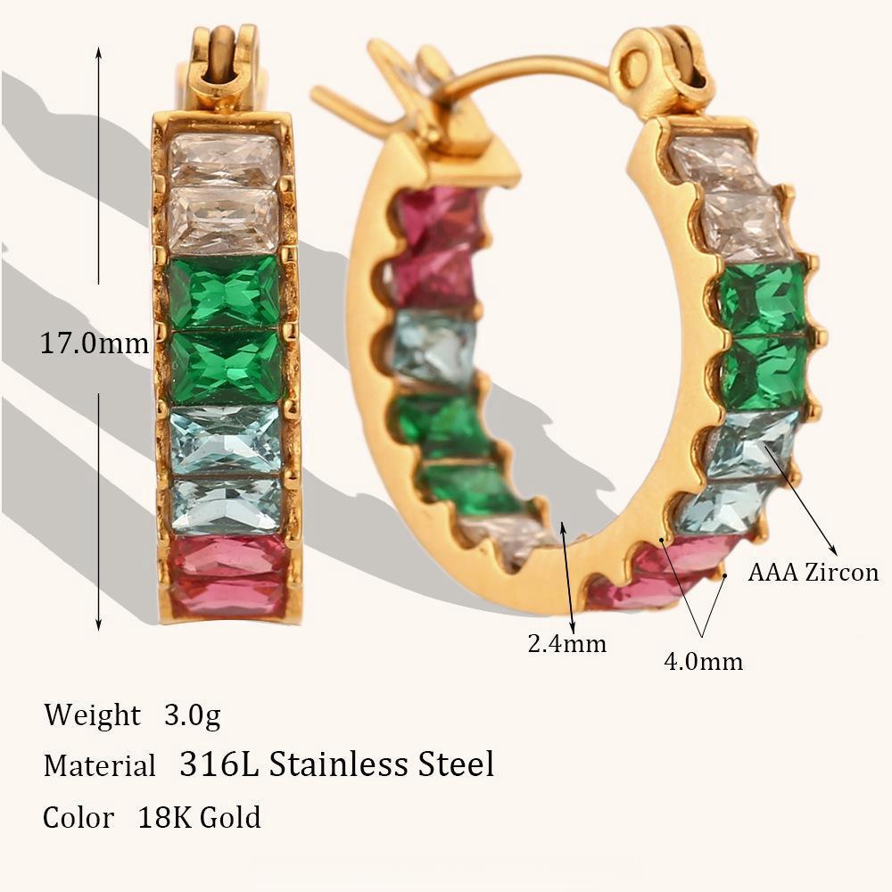Color Zircon Inlaid C-shaped Stainless Steel Earrings