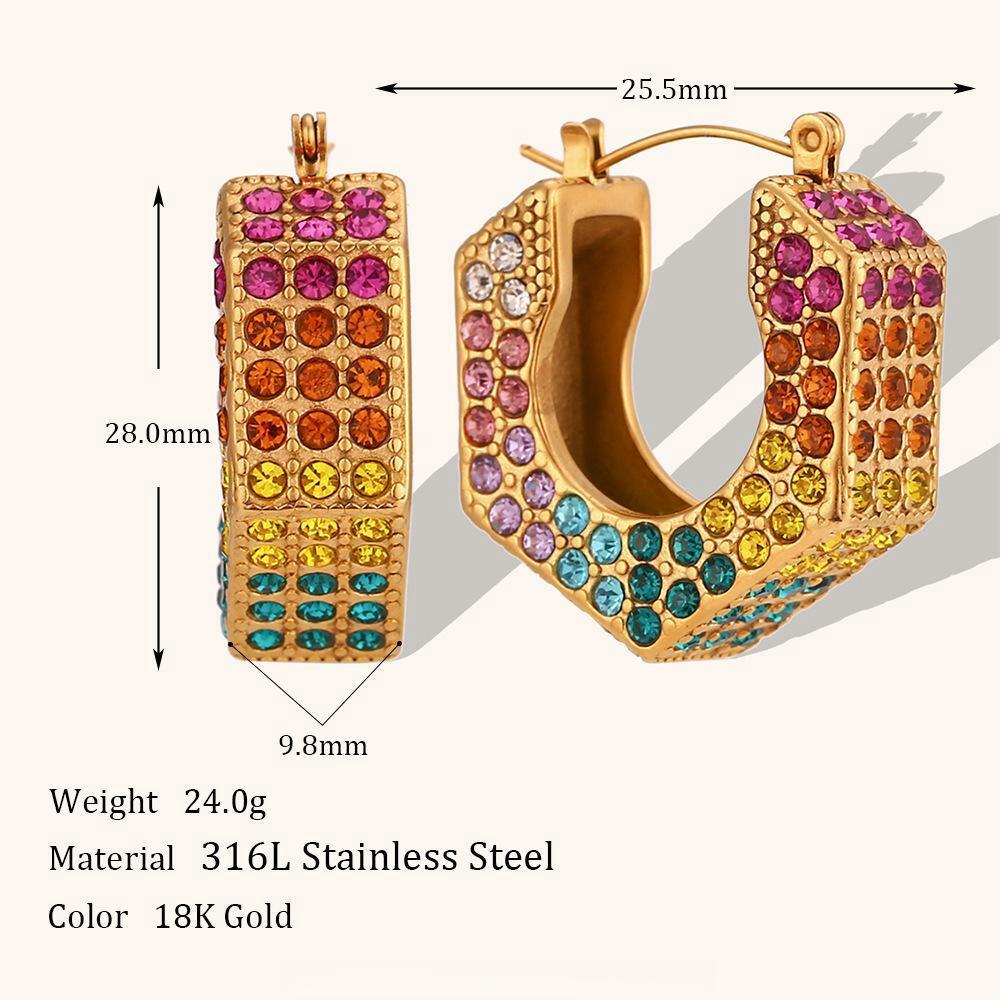 Color Zircon Inlaid Stainless Steel Earrings