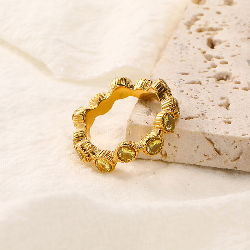 Yellow Zircon Inlaid Stainless Steel Ring
