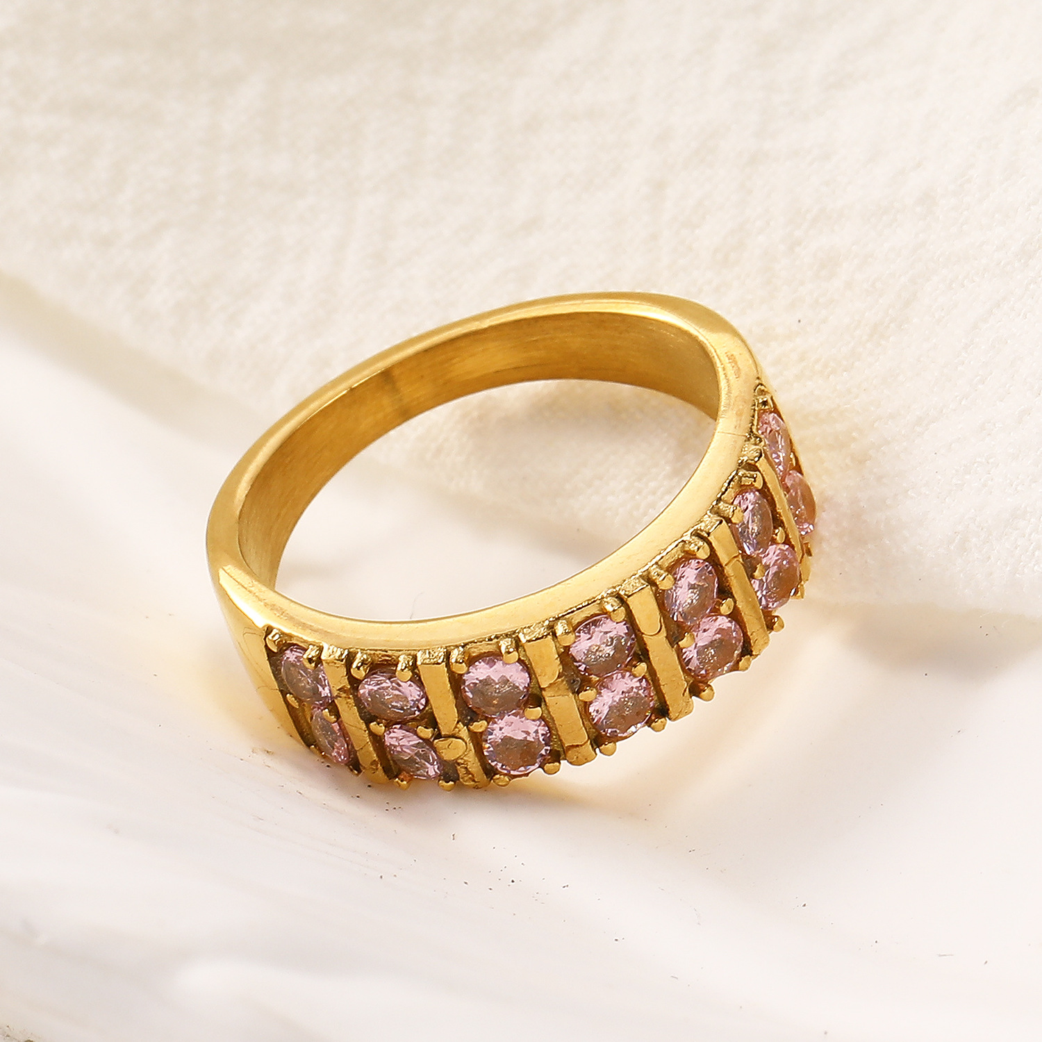 Pink Zircon Inlaid Stainless Steel Ring