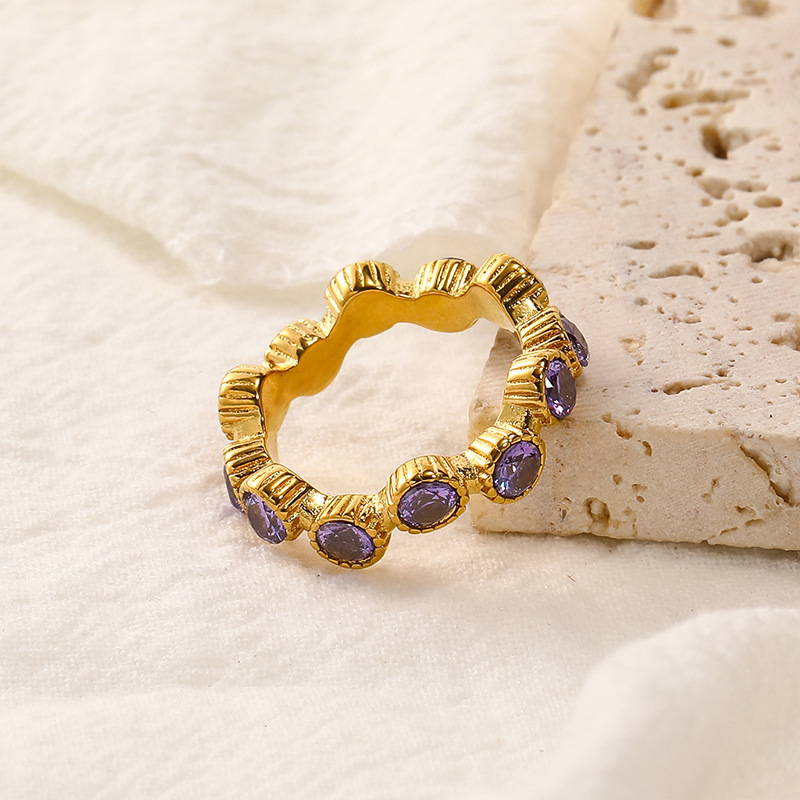 Purple Zircon Inlaid Stainless Steel Ring