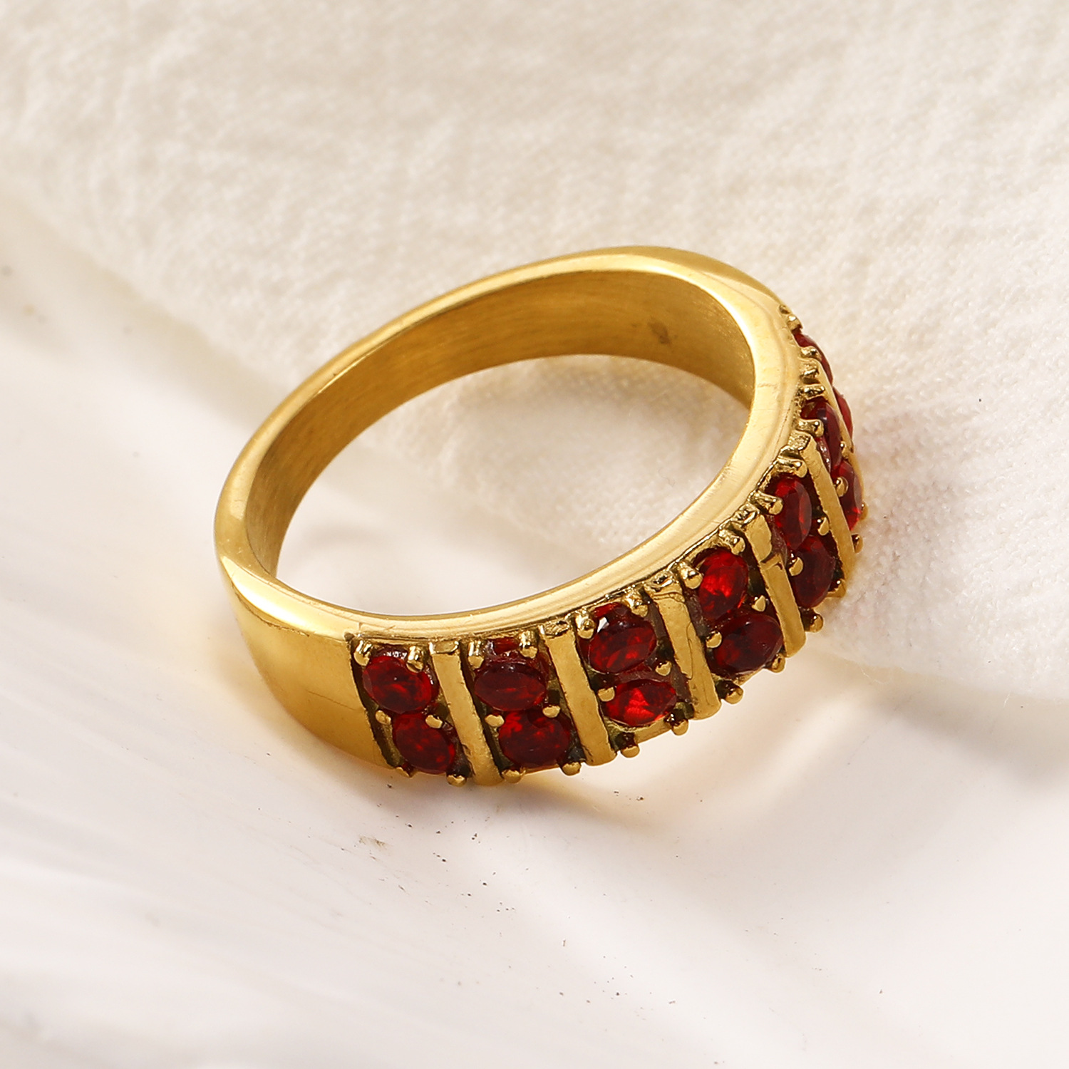 Red Zircon Inlaid Stainless Steel Ring