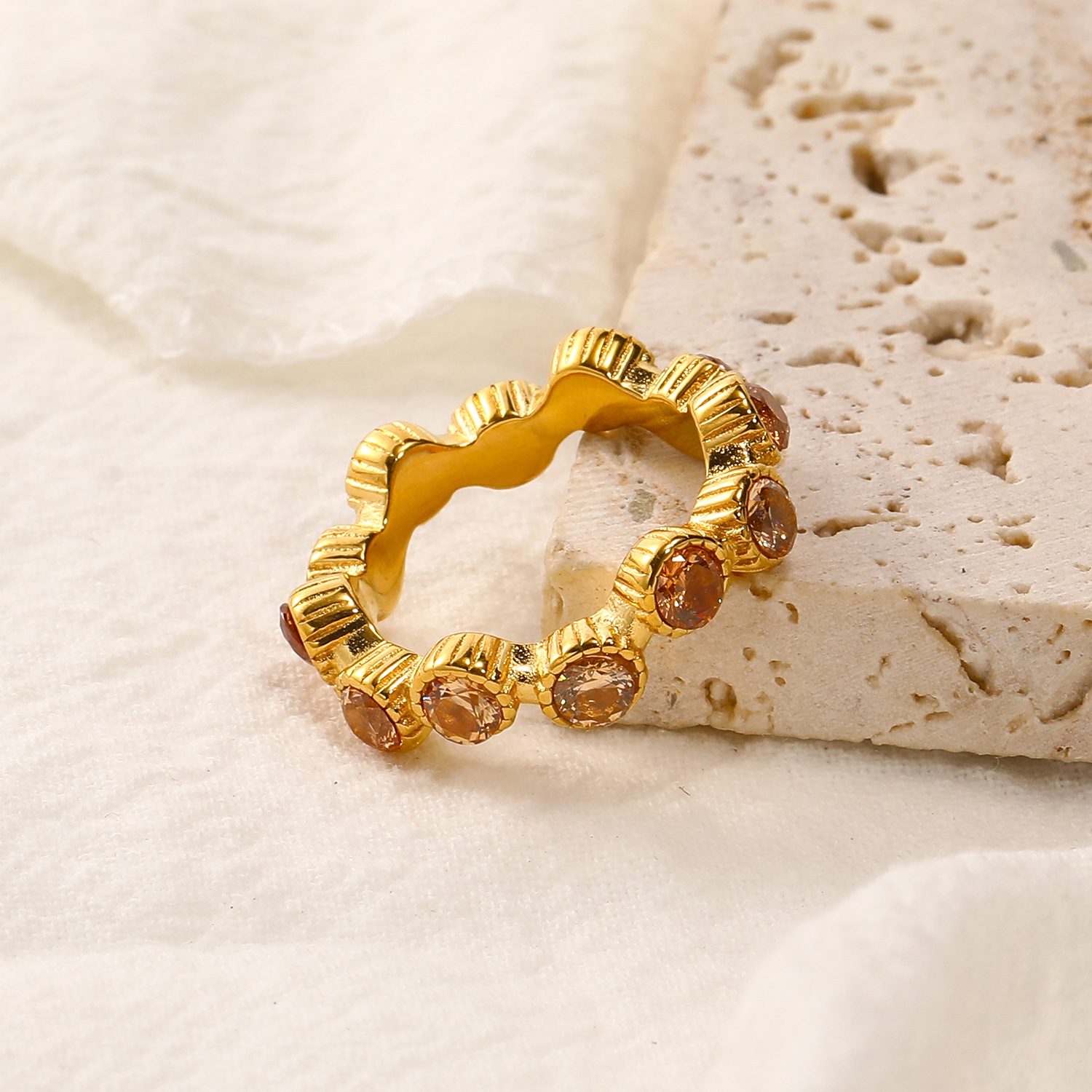 Champagne Zircon Inlaid Stainless Steel Ring