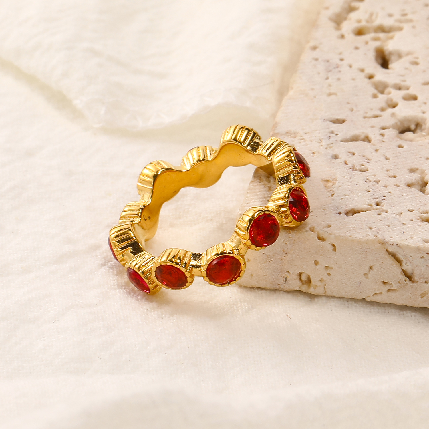 Red Zircon Inlaid Stainless Steel Ring