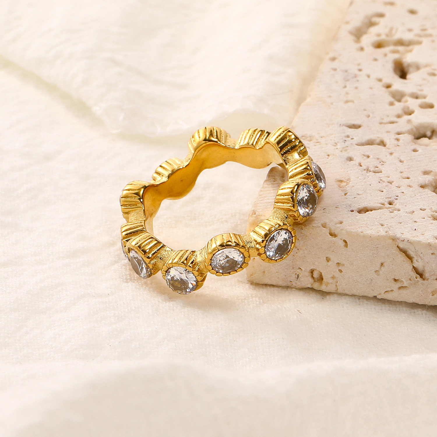 White Zircon Inlaid Stainless Steel Ring