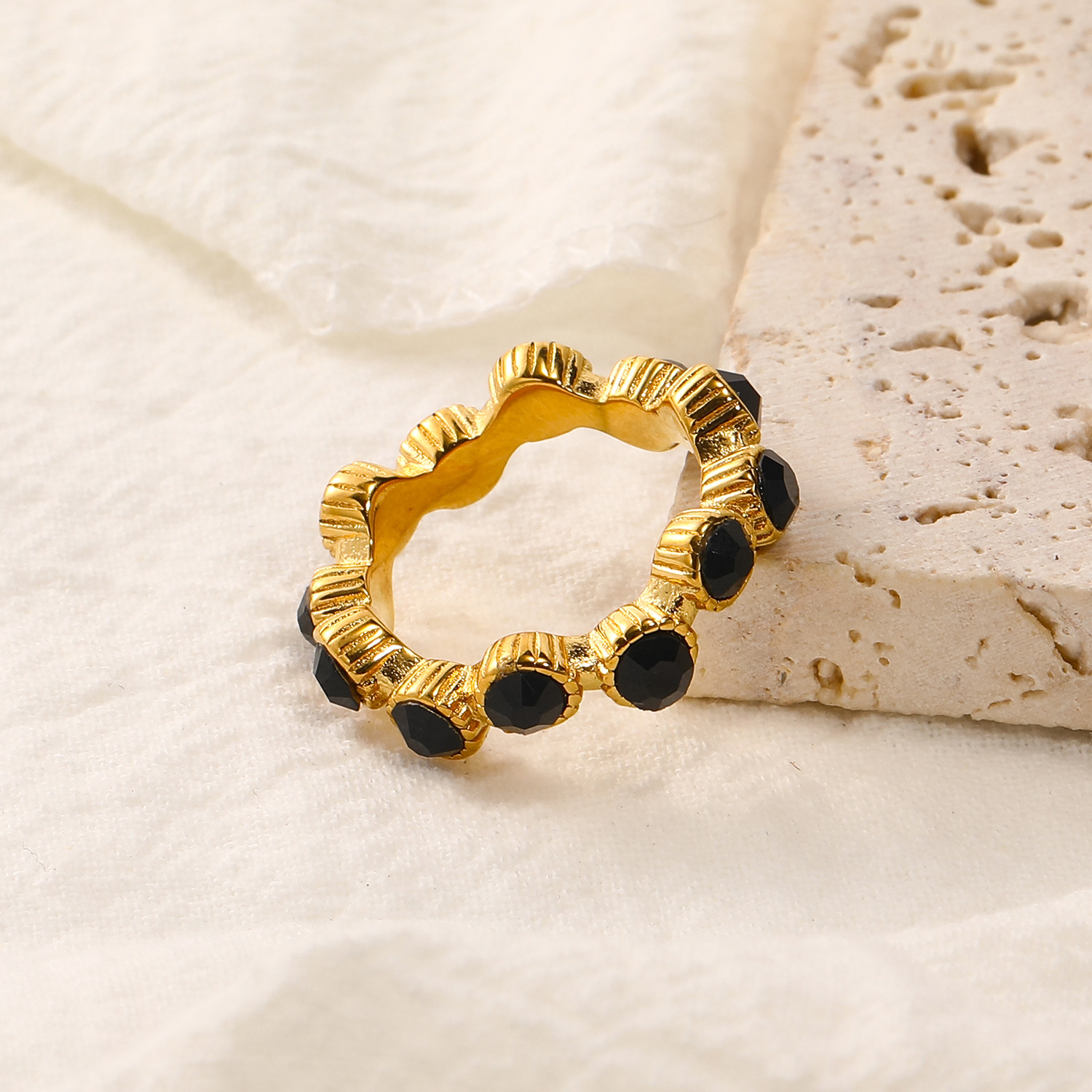 Black Zircon Inlaid Stainless Steel Ring