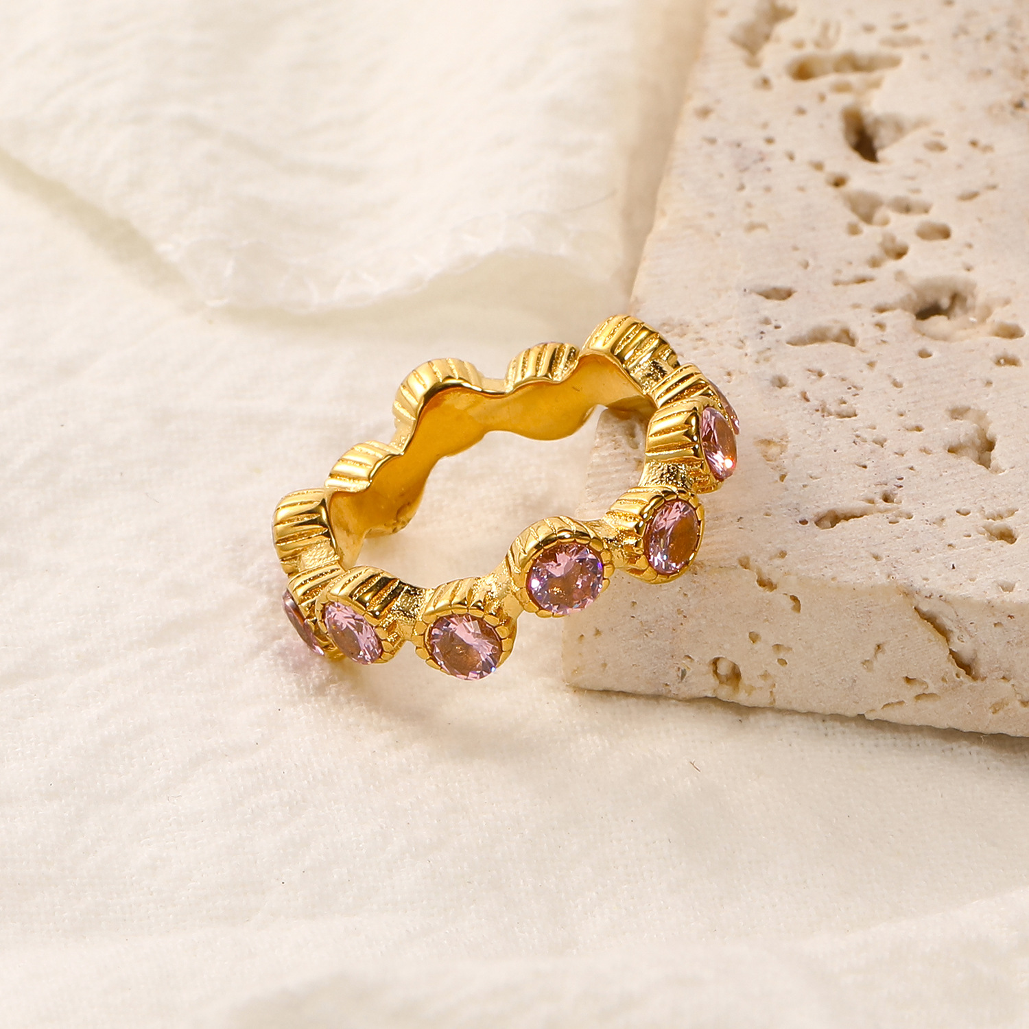 Pink Zircon Inlaid Stainless Steel Ring