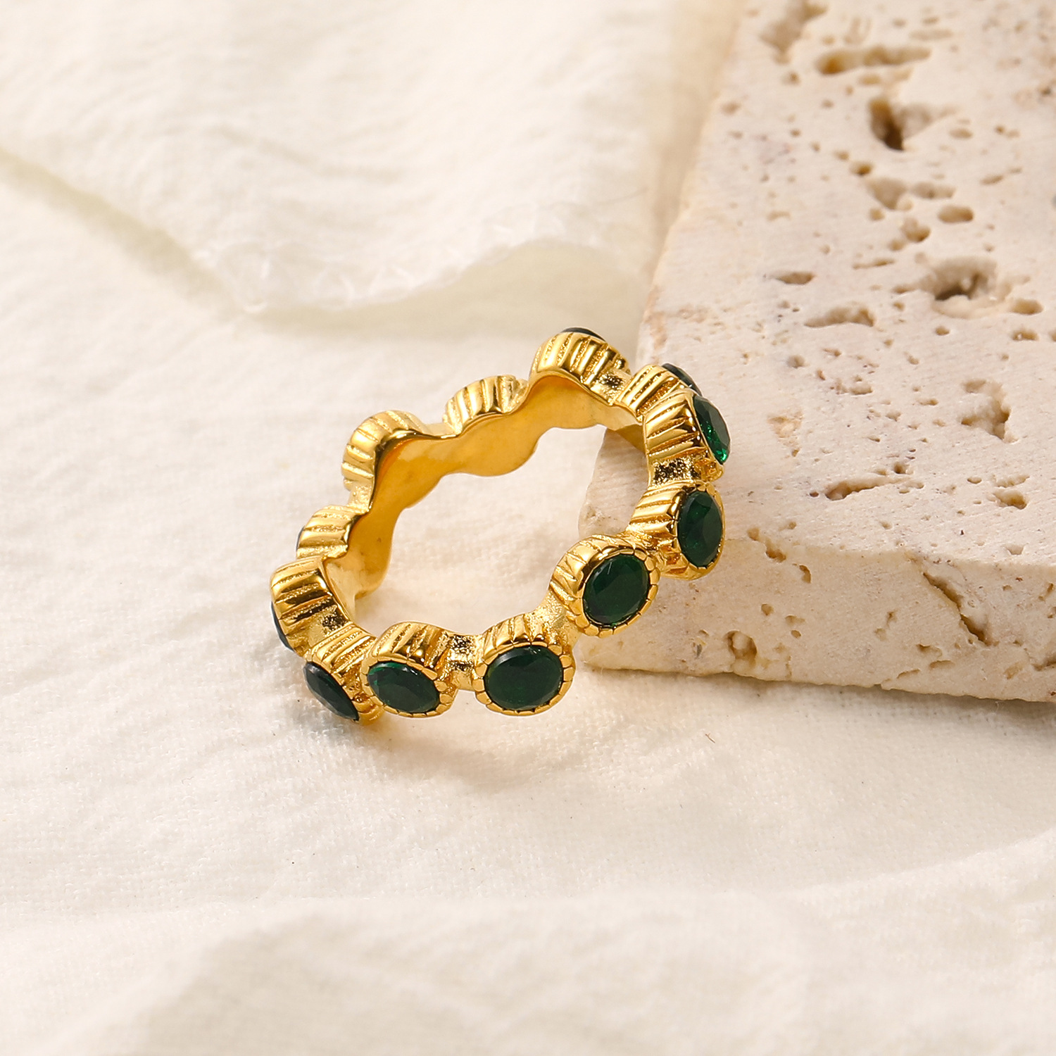 Green Zircon Inlaid Stainless Steel Ring