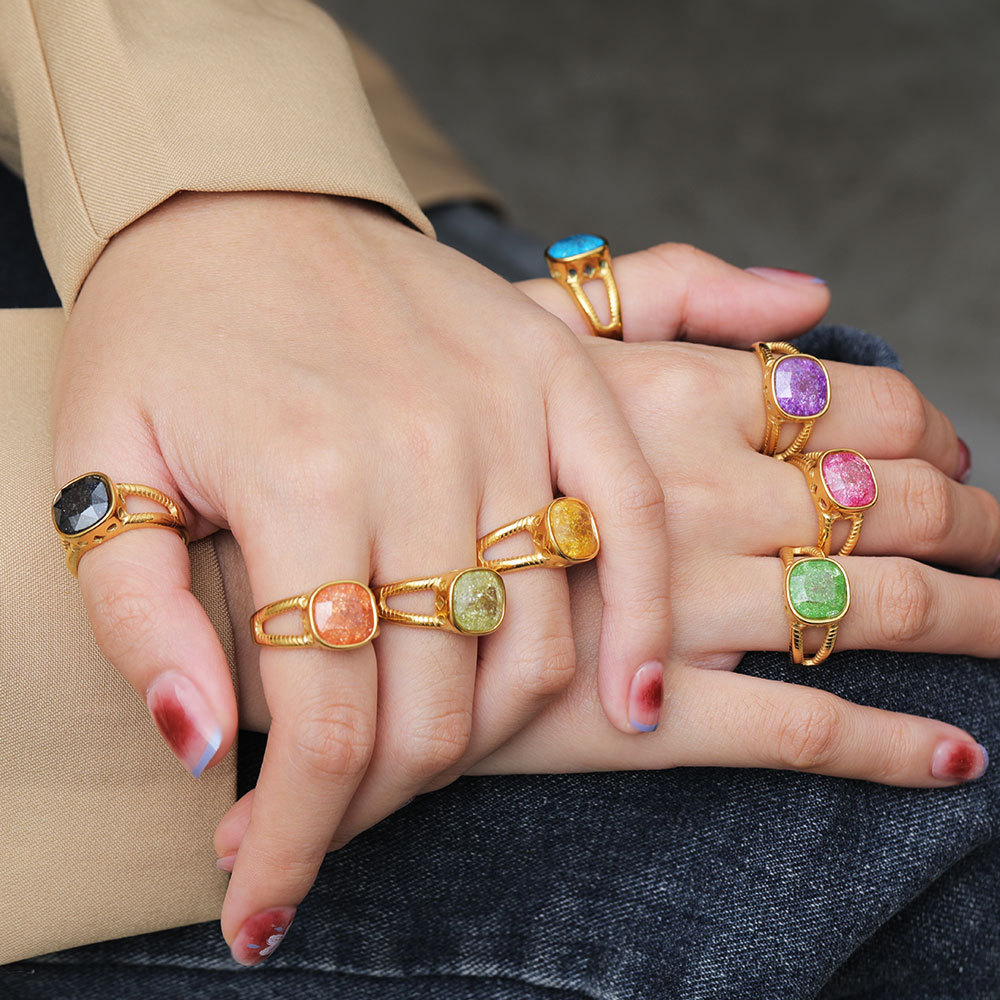 Colored Gemstone Geometric Stainless Steel Ring