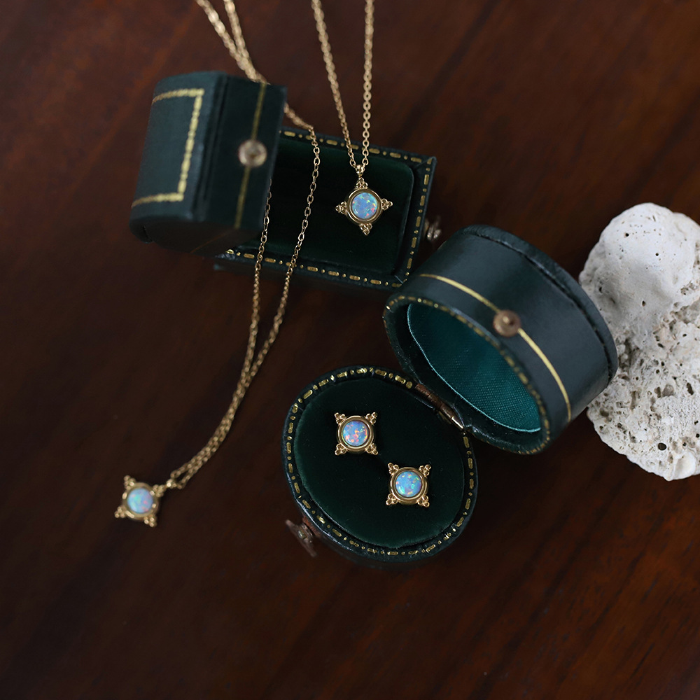 Dream Blue Imitation Opal Stone Color Small Necklace Clavicle Chain Earrings