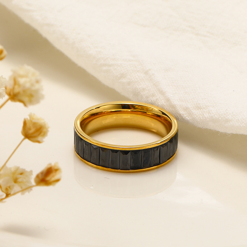 Black Rectangular Zircon Inlaid Stainless Steel Ring