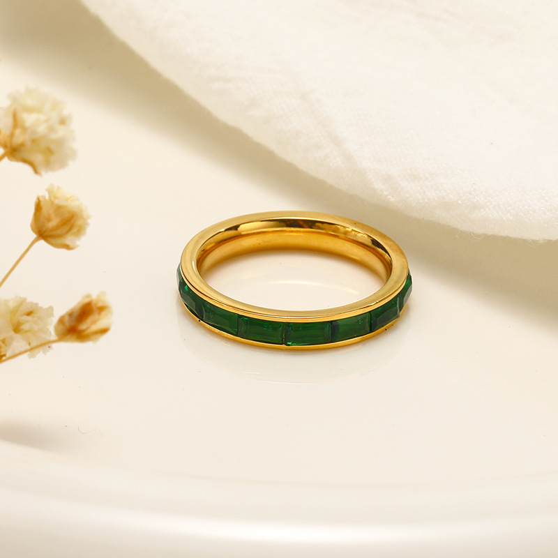 Green Rectangular Zircon Inlaid Stainless Steel Ring