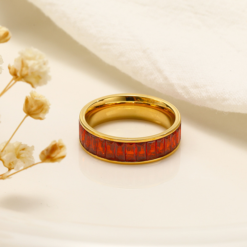 Red Rectangular Zircon Inlaid Stainless Steel Ring