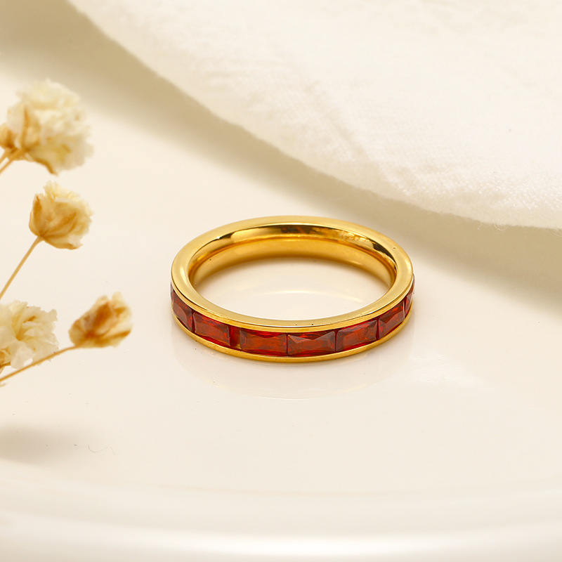 Red Rectangular Zircon Inlaid Stainless Steel Ring