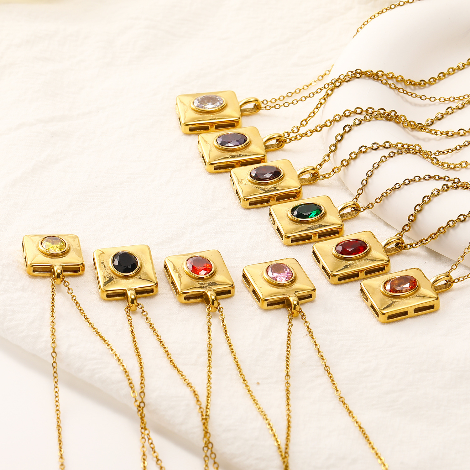 Square Multicolor Zircon Stainless Steel Necklace