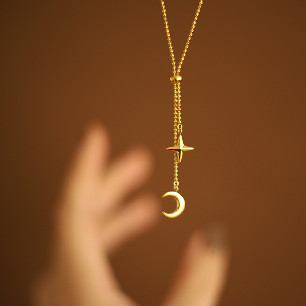 Fringed Moon Star Plated Gold Necklace