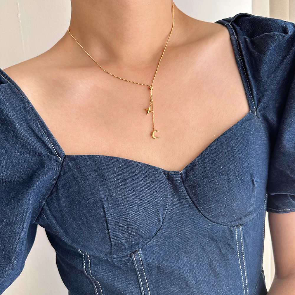 Model Show Fringed Moon Star Plated Gold Necklace