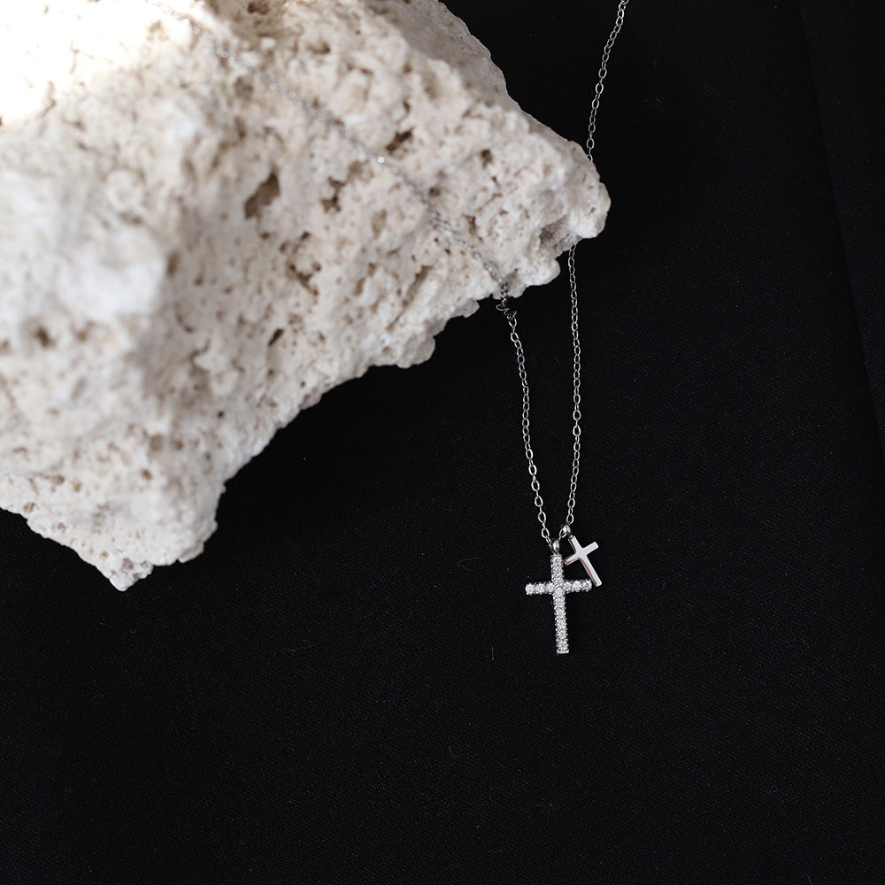 Zircon Inlaid Stainless Steel Cross Necklace