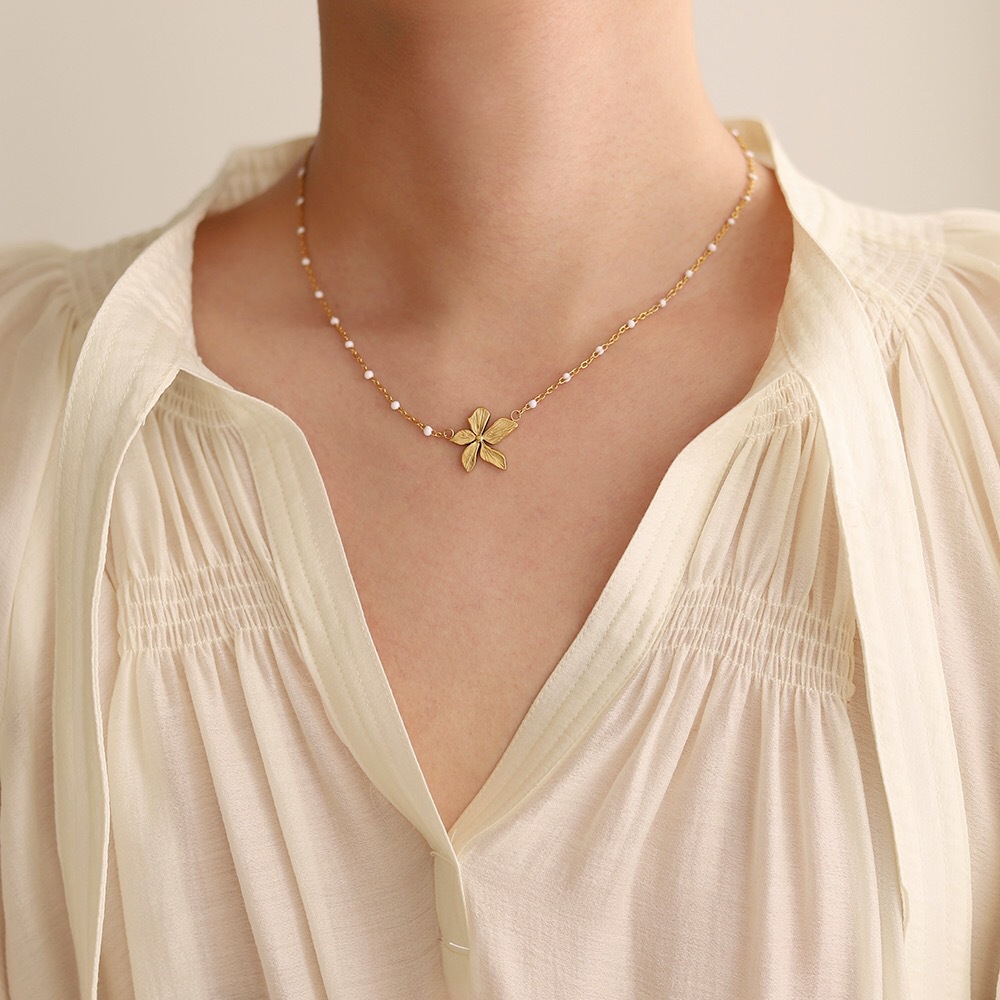 Petals White Beads Stainless Steel Necklace