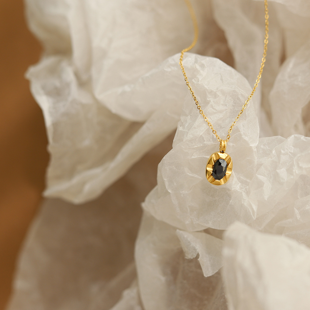 Black Diamond Oval Pendant Stainless Steel Necklace