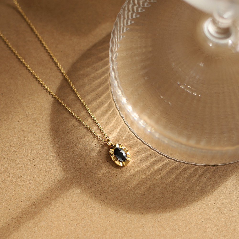 Black Diamond Oval Pendant Stainless Steel Necklace