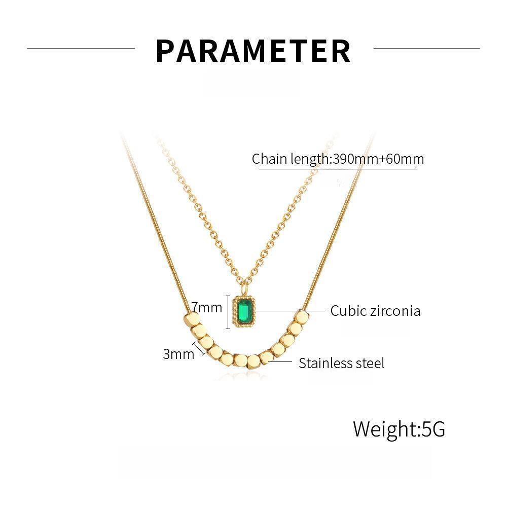 Square Zirconium Pendant Layered Titanium Steel Necklace