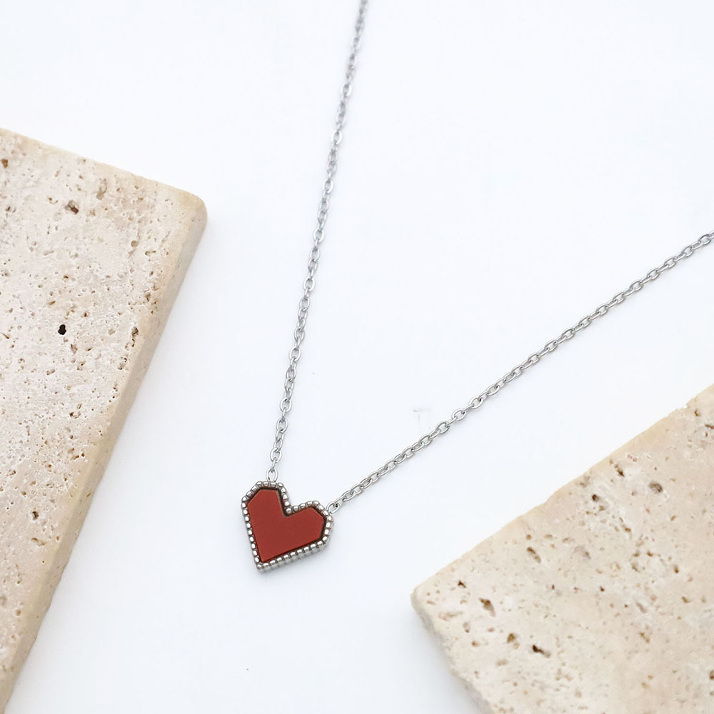 Steel Color Red Acrylic Heart Pendant Necklace