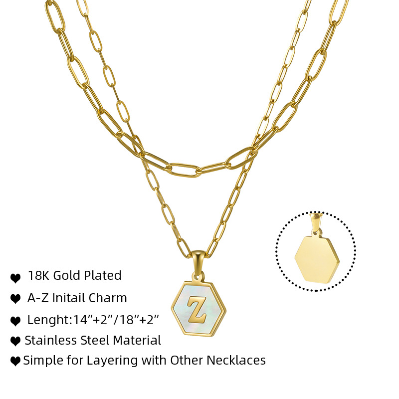 hexagon shape necklace, gold necklace, white shell