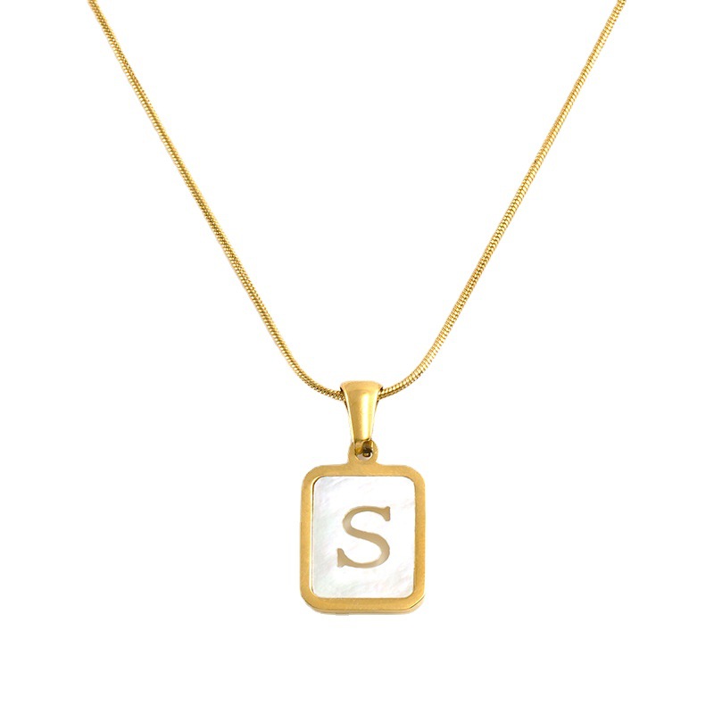 hallow white shell, Square tag, stainless steel necklace