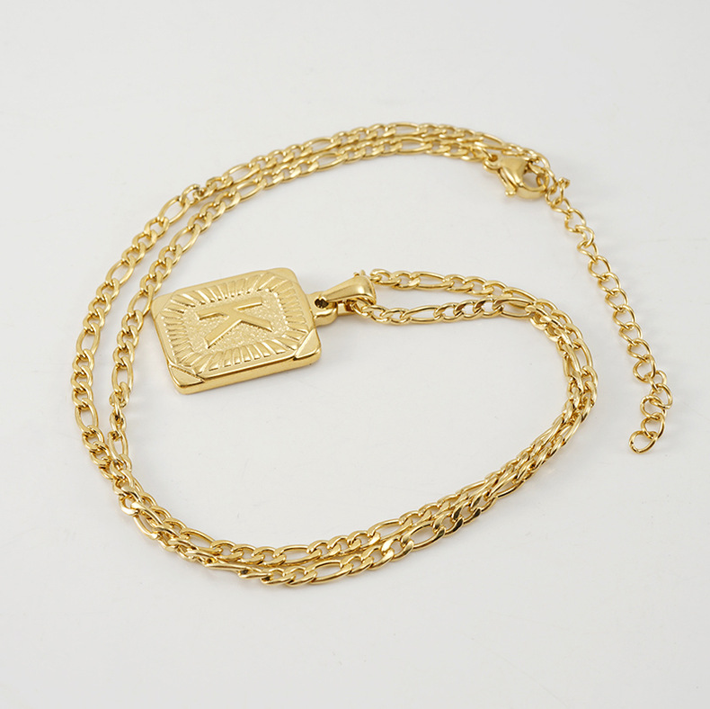 square pad, gold stainless steel necklace, initial letter necklace