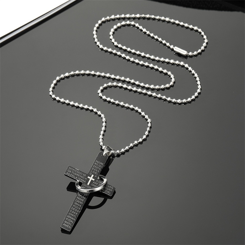 Stainless Steel Cross and Solid Ring Ball Chain Necklace