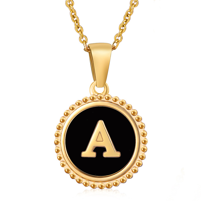 black shell, round disc, initial letter necklace