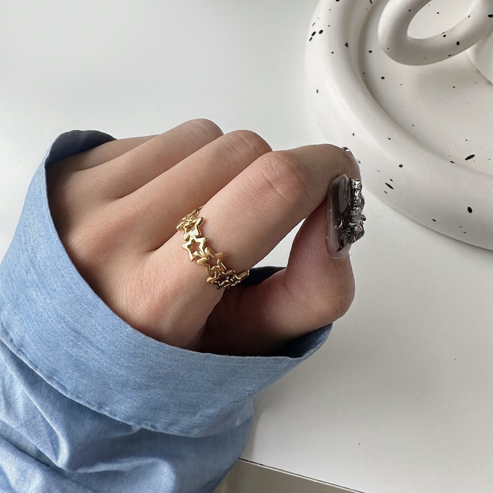 Full Star Retro Open Star Ring Personality Stainless Steel Plated 18K Gold Ring