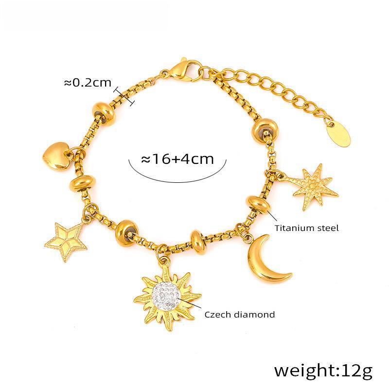 Box Chain With Sun Moon Star Pendant Diamond Bracelet